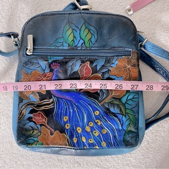 Vintage 90’s Biacci Hand Painted Peacock On Leather Crossbody Shoulder Bag Purse - Picture 16 of 16
